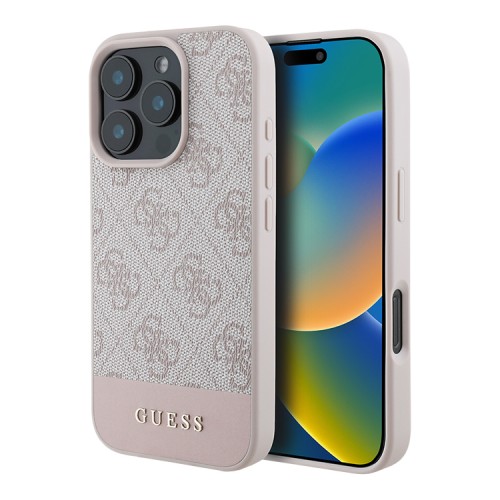 Guess для iPhone 16 Pro Max чехол PU кожа 4G Bottom stripe Metal logo Pink
