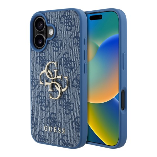 Guess для iPhone 16 чехол PU кожа 4G Big metal logo Blue