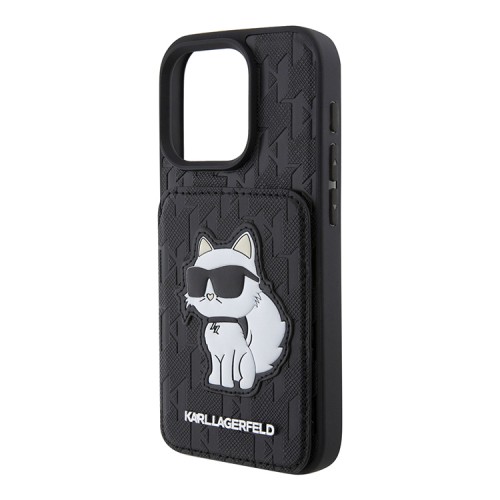 Karl Lagerfeld для iPhone 16 Pro чехол Cardslot Stand PU Saffiano Monogram NFT Choupette Hard Black