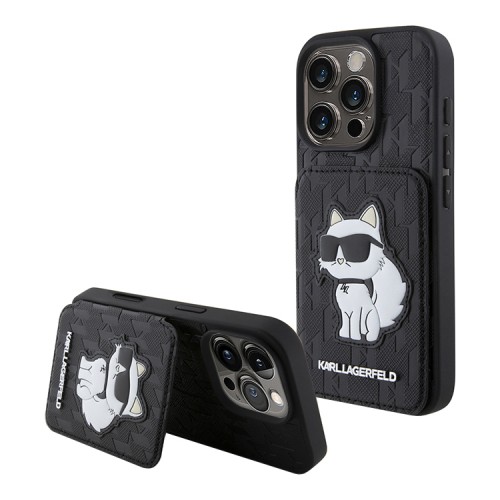 Karl Lagerfeld для iPhone 16 Pro чехол Cardslot Stand PU Saffiano Monogram NFT Choupette Hard Black