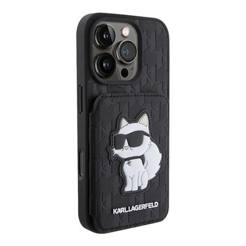 Karl Lagerfeld для iPhone 16 Pro чехол Cardslot Stand PU Saffiano Monogram NFT Choupette Hard Black
