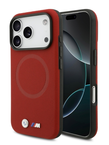 BMW для iPhone 17 Pro чехол M-series PU Full Wrapped Metal logo & Cam Hard Red (MagSafe)
