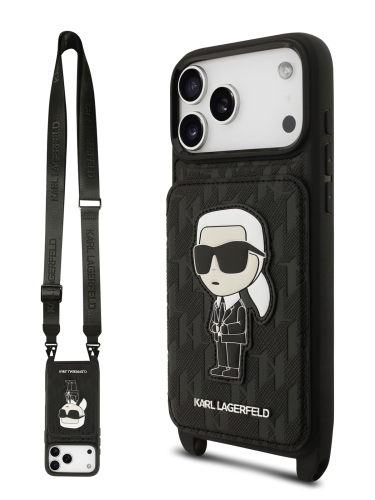 Karl Lagerfeld для iPhone 17 Pro Max чехол Crossbody cardslot PU Saffiano Monogram NFT Karl Ikon Hard Black