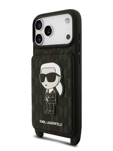 Karl Lagerfeld для iPhone 17 Pro Max чехол Crossbody cardslot PU Saffiano Monogram NFT Karl Ikon Hard Black