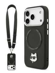Karl Lagerfeld для iPhone 17 Pro чехол Crossbody PU NFT Choupette head Metal&amp;Cam Hard + Strap Black (MagSafe)