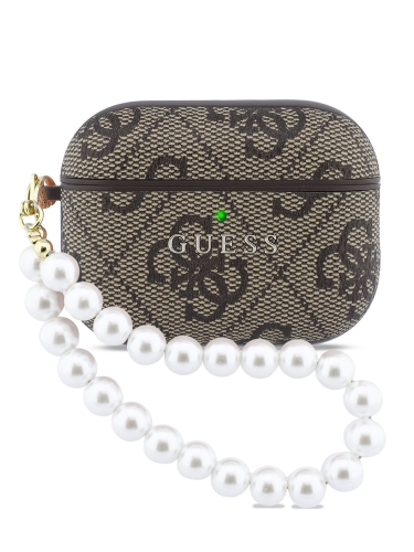 Guess для Airpods Pro 3 чехол PU leather 4G with Classic metal logo and Pearl hand strap Brown