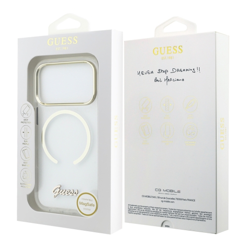 Guess для iPhone 17 Pro чехол IML Script Metal logo and Camera Hard Transparent (MagSafe)