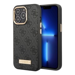 Чехол Guess PU 4G Plate metal logo Hard для iPhone 13 Pro Max, серый (Magsafe)