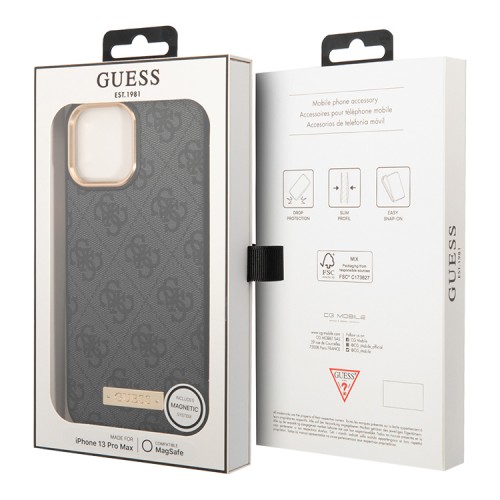 Чехол Guess PU 4G Plate metal logo Hard для iPhone 13 Pro Max, серый (Magsafe)