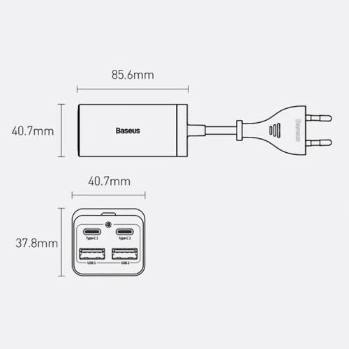 Зарядная станция Baseus GaN3 Pro Desktop Fast Charger 2USB-C + 2USB-A 65W EU +Xiaobai Cable Type-C 100W