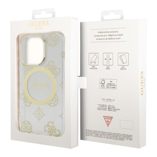 Чехол Guess Peony Glitter Hard для iPhone 14 Pro Max, прозрачный/золотой (MagSafe)