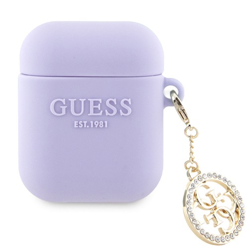 Guess для Airpods 1/2 чехол Liquid silicone 3D Logo with 4G Diamond charm Purple