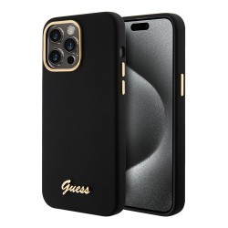 Guess для iPhone 15 Pro Max чехол Liquid silicone Gold metal logo & Camera frame Hard Black