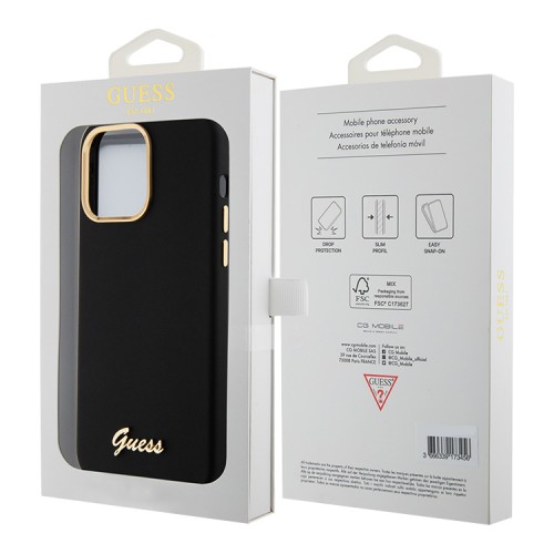 Guess для iPhone 15 Pro Max чехол Liquid silicone Gold metal logo & Camera frame Hard Black