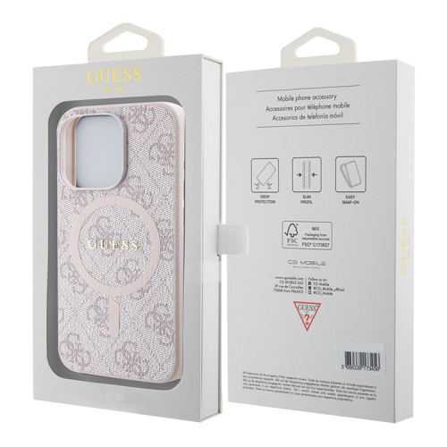 Guess для iPhone 15 Pro чехол PU 4G Colored ring Metal logo Hard Pink (MagSafe)