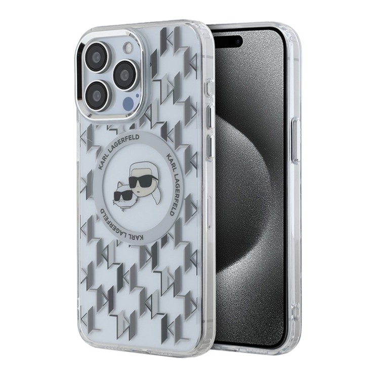 Karl Lagerfeld для iPhone 15 Pro чехол PC/TPU Monogram NFT Karl & Choup Metal Camera прозрачный (MagSafe)