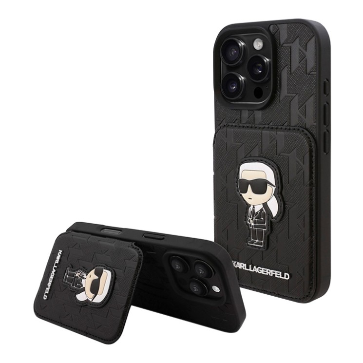 Karl Lagerfeld для iPhone 16 Pro чехол Cardslot Stand PU Saffiano Monogram NFT Karl Ikonik Hard Black