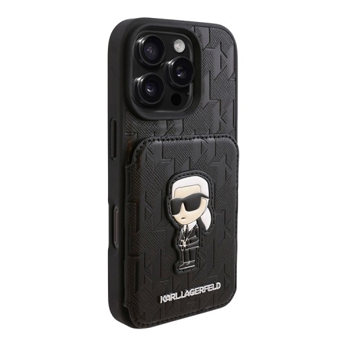 Karl Lagerfeld для iPhone 16 Pro чехол Cardslot Stand PU Saffiano Monogram NFT Karl Ikonik Hard Black