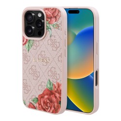 Guess для iPhone 16 Pro чехол PU Flowers Roses Hard Pink (MagSafe)