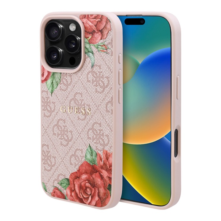 Guess для iPhone 16 Pro чехол PU Flowers Roses Hard Pink (MagSafe)