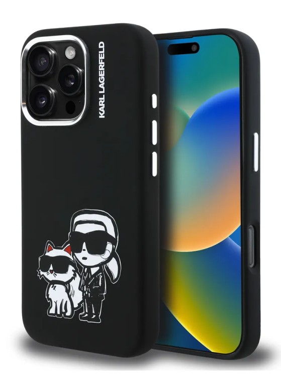 Karl Lagerfeld для iPhone 15 Pro Max чехол Liquid Silicone Sketch Karl&Choupette Black (MagSafe)