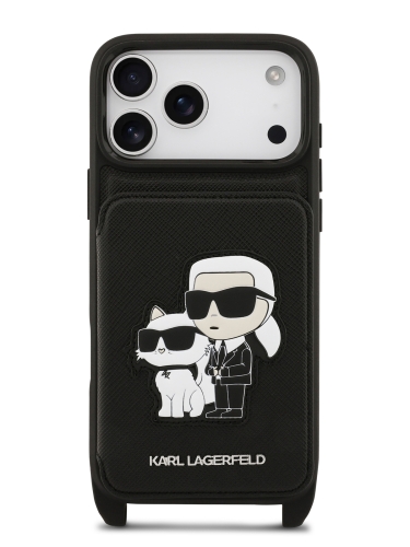 Karl Lagerfeld для iPhone 17 Pro Max чехол Crossbody cardslot PU Saffiano NFT Karl&Choupette Hard Black