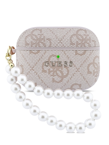 Guess для Airpods Pro 3 чехол PU leather 4G with Classic metal logo and Pearl hand strap Pink