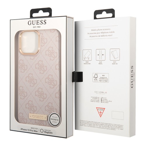 Чехол Guess PU 4G Plate metal logo Hard для iPhone 13 Pro Max, розовый (Magsafe)