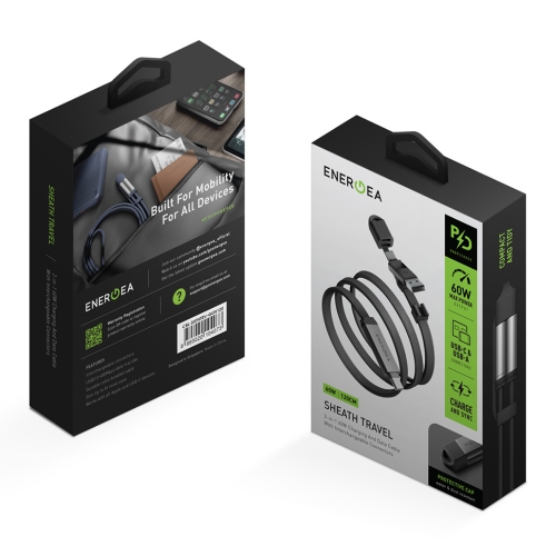 Energea Кабель Sheath Travel 2-in-1 USB-C to C+A 60W 480 Mbps Gunmetal 1.2m