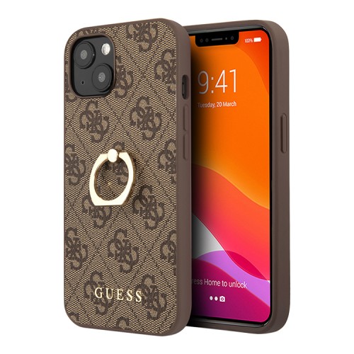Чехол Guess PU 4G + Ring Hard для iPhone 14, коричневый