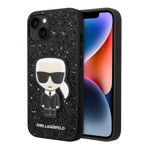 Чехол Lagerfeld Glitter flakes Ikonik patch w Metal logo Hard для iPhone 14, черный