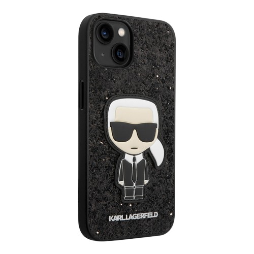 Чехол Lagerfeld Glitter flakes Ikonik patch w Metal logo Hard для iPhone 14, черный