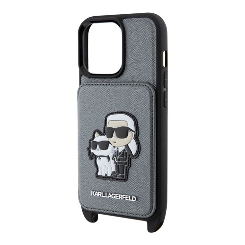Чехол Lagerfeld Crossbody cardslot PU Saffiano NFT Karl&Choupette Hard для iPhone 13 Pro, серебристый