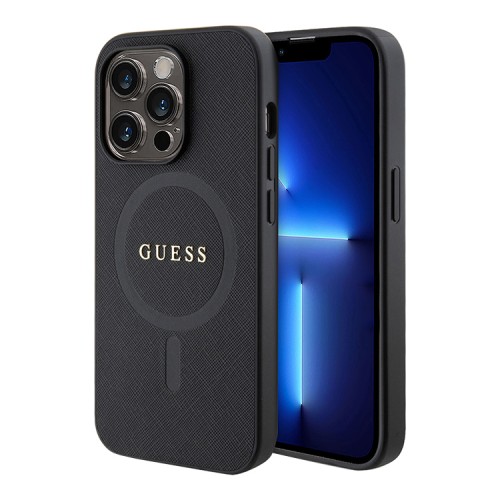 Guess для iPhone 15 Pro чехол PU Saffiano with metal logo Hard Black (MagSafe)