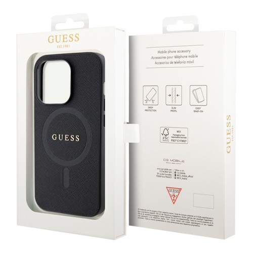 Guess для iPhone 15 Pro чехол PU Saffiano with metal logo Hard Black (MagSafe)
