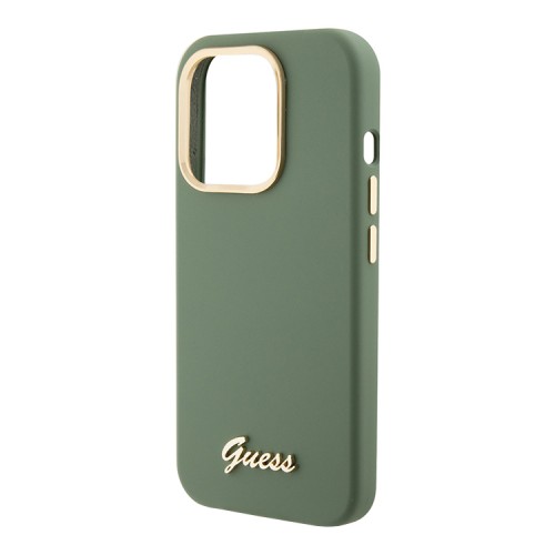 Guess для iPhone 15 Pro Max чехол Liquid silicone Gold metal logo & Camera frame Hard Khaki