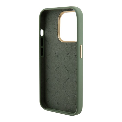 Guess для iPhone 15 Pro Max чехол Liquid silicone Gold metal logo & Camera frame Hard Khaki