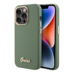Guess для iPhone 15 Pro Max чехол Liquid silicone Gold metal logo &amp; Camera frame Hard Khaki