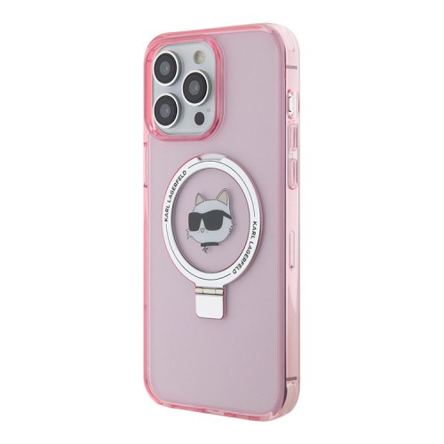 Karl Lagerfeld для iPhone 15 Pro Max чехол PC/TPU + Ring stand NFT Choupette head Hard Pink (MagSafe)