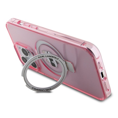 Karl Lagerfeld для iPhone 15 Pro Max чехол PC/TPU + Ring stand NFT Choupette head Hard Pink (MagSafe)