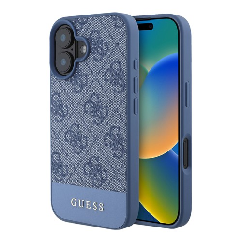 Guess для iPhone 16 чехол PU кожа 4G Bottom stripe Metal logo Blue