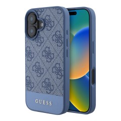 Guess для iPhone 16 чехол PU кожа 4G Bottom stripe Metal logo Blue