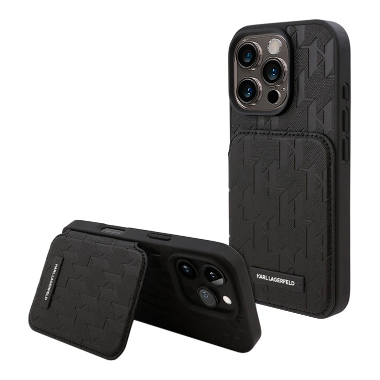 Karl Lagerfeld для iPhone 16 Pro чехол Cardslot Stand PU Saffiano Monogram Plate logo Hard Black