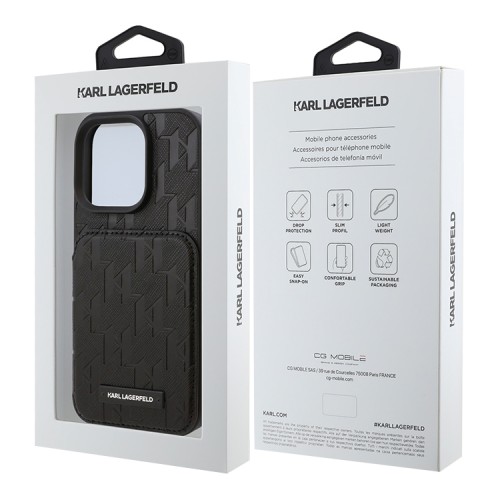 Karl Lagerfeld для iPhone 16 Pro чехол Cardslot Stand PU Saffiano Monogram Plate logo Hard Black