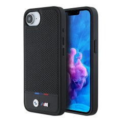 BMW для iPhone 16e чехол M-Collection PU Perforated Tricolor Metal logo Hard Black (MagSafe)