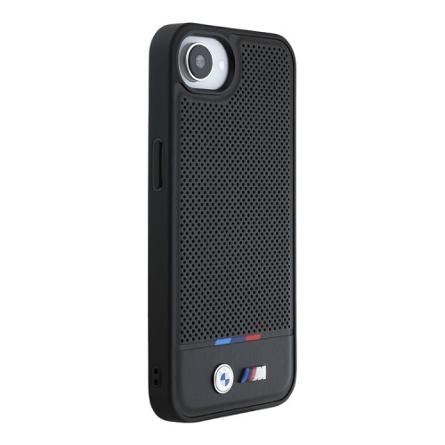 BMW для iPhone 16e чехол M-Collection PU Perforated Tricolor Metal logo Hard Black (MagSafe)