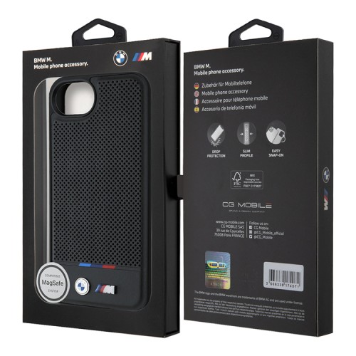 BMW для iPhone 16e чехол M-Collection PU Perforated Tricolor Metal logo Hard Black (MagSafe)