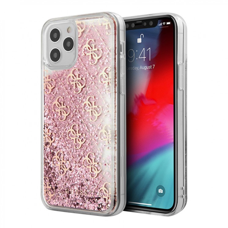 Чехол Guess Liquid Glitter 4G Hard для iPhone 12 | 12 Pro, розовый