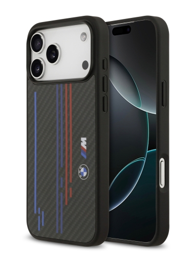 BMW для iPhone 17 Pro Max чехол M-series Kevlar Tricolor Metal logo & Cam Hard Black (MagSafe)