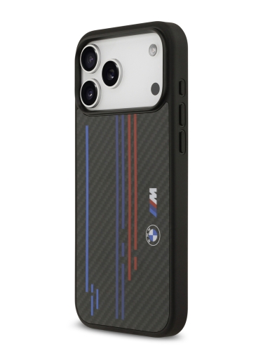 BMW для iPhone 17 Pro Max чехол M-series Kevlar Tricolor Metal logo & Cam Hard Black (MagSafe)